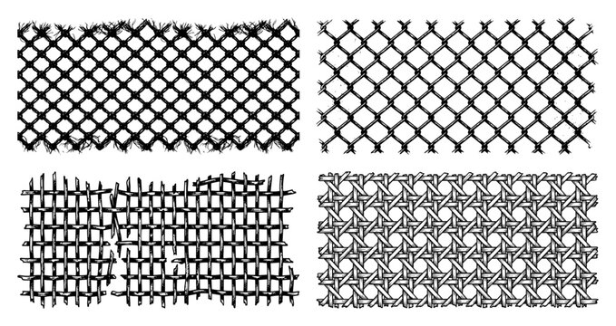 Industrial mesh and woven fence patterns set in vintage engraving style