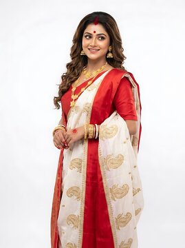 Beautiful indian woman in traditional red and white saree isolated on white background