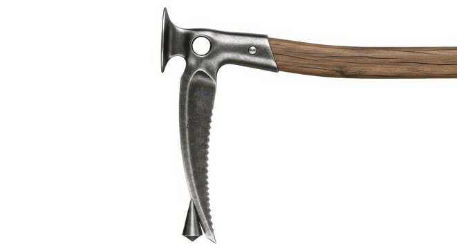Vintage Ice Axe Head with Wooden Handle Isolated on White Background for Mountaineering and Climbing