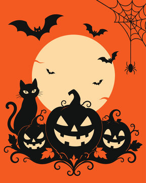 Spooky halloween background vector illustration featuring black silhouettes of jack o lanterns a cat bats and a spider web on orange