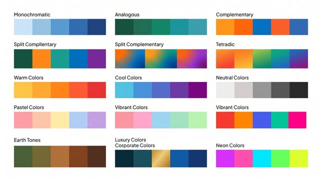Color palettes guide chart with harmony schemes and swatches