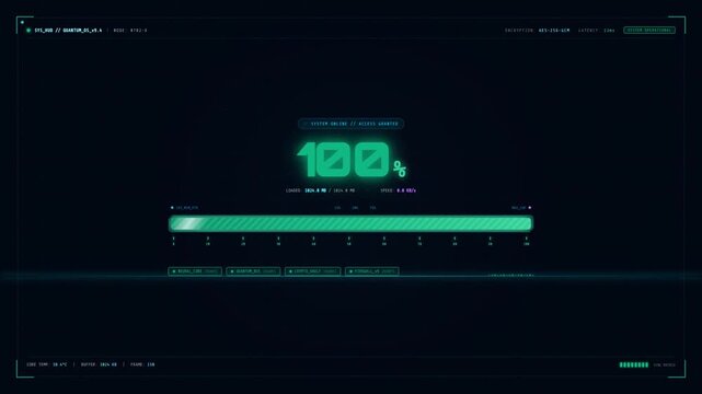 A futuristic digital HUD loading bar progresses from 26% to 100% against a dark, high-tech background with glowing cyan and pink elements, representing a system boot or data transfer.