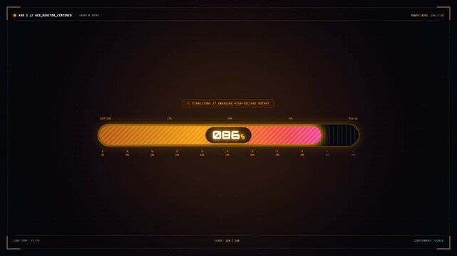 A futuristic digital progress bar fills up from 23% to 100%, transitioning from a warm glowing orange to a vibrant green upon completion on a dark high-tech interface.