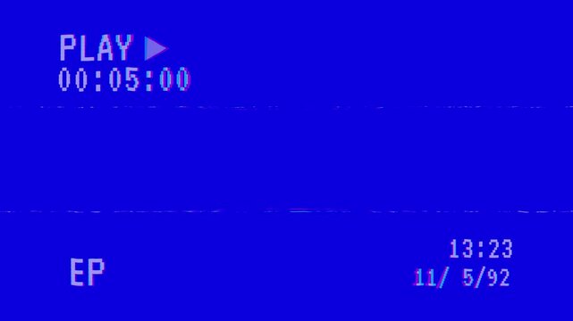 Retro vhs blue screen background with glitch distortion effects and playback overlay, 4k vhs play video