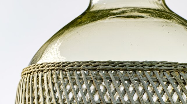 demijohn. Close-up of a glass demijohn with a smooth surface inside a rough textured wicker casing. bar promotions, beverage menus, designed for product packaging and bar promotions.