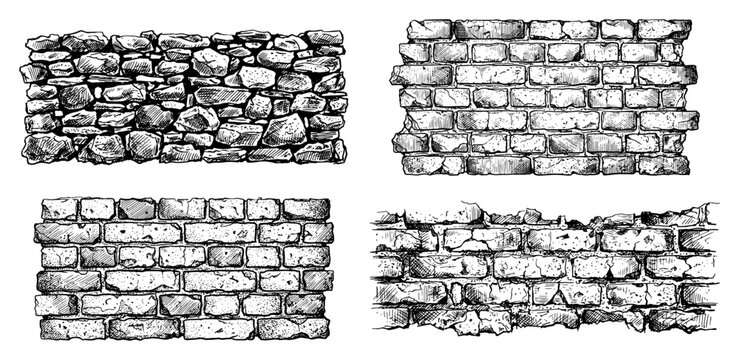 Brick and stone wall textures set with masonry patterns in vintage engraving style