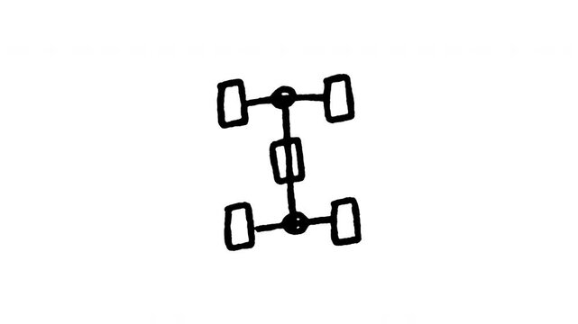 Hand drawn 4K car chassis drivetrain doodle animation with boiling line motion. Frame by frame outline on black and green screen backgrounds, perfect for axle suspension, 4WD AWD, and mechanics.