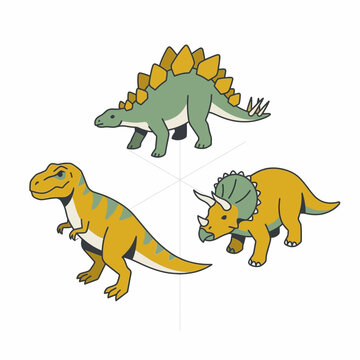 A set of three cute cartoon dinosaurs including a green stegosaurus, a yellow tyrannosaurus, and a yellow triceratops isolated on a white background in a flat vector style.
