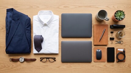 Naklejka premium Business Essentials Laid Out: A sharp blue suit jacket, crisp white shirt with tie, and essential work accessories like laptops, notebooks, glasses.