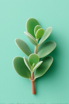 A single jade plant branch with thick leaves on a mint green background. Minimalist succulent flat lay