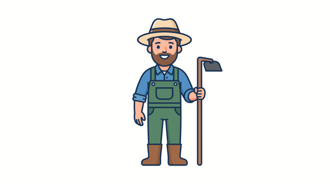 Friendly Farmer Character Holding a Hoe Vector Illustration Isolated on White Background