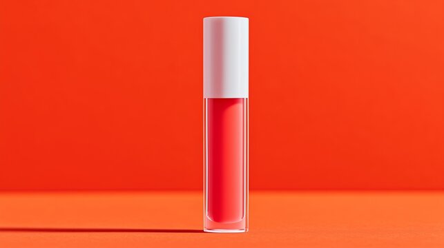 Single coral lip gloss tube standing upright. Minimalist cosmetic display on orange background. Blank area for text