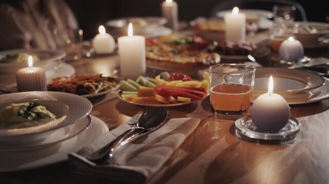 Candlelit dinner scene with a long wooden table full of delicious food creating a cozy and inviting atmosphere perfect for a special occasion or family gathering.