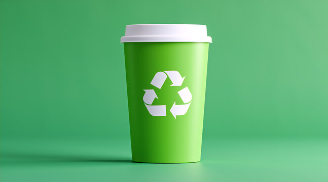 A 3D green trash bin with a white lid and recycling symbol. Centered minimal delete icon on a green backdrop. Blank area for text