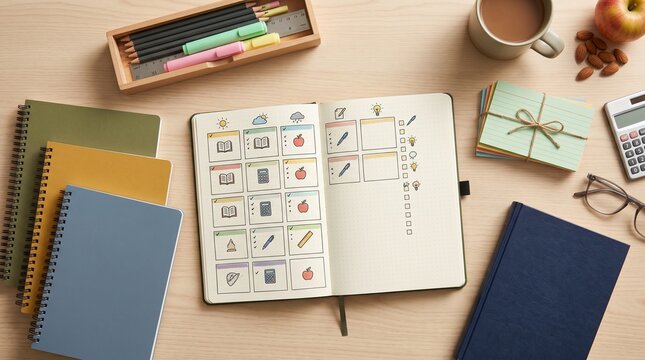 Bullet Journaling Setup: A flat lay of a bullet journal with habit trackers and daily spreads, surrounded by stationery, notebooks, and a warm cup of coffee, ready for a productive day.