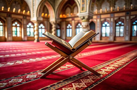 Open Quran on a Wooden Book Stand Inside a Mosque with Red Patterned Prayer Rugs