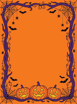 Spooky halloween background vector illustration featuring a decorative frame of twisted branches bats spiders and carved jack o lantern pumpkins
