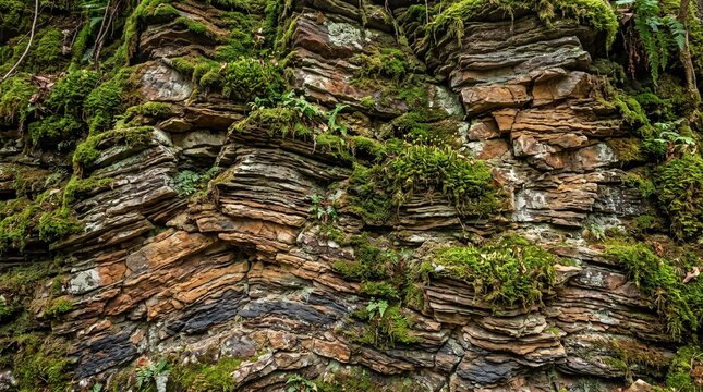 Abstract nature background of layered rock stratification and moss