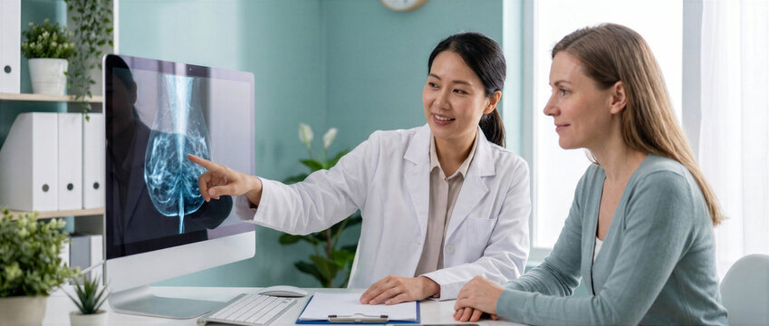Asian doctor explaining a mammogram on a computer screen to a female patient. Breast cancer screening and diagnostic consultation concept.