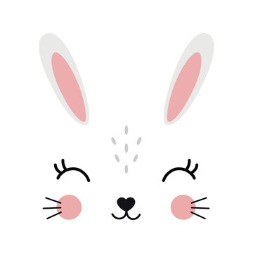 Cute minimalist bunny face illustration with closed eyes, pink cheeks, long ears and heart-shaped nose. Adorable nursery design for baby apparel, Easter, greeting cards, posters, stickers and kids dec