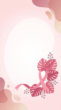 Abstract pink breast cancer awareness background with ribbon and tropical leaves. Minimal vertical poster template with copy space.