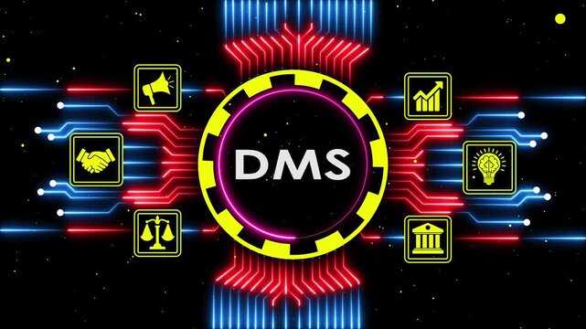 Digital management system with business icons and cyber circuit background motion.