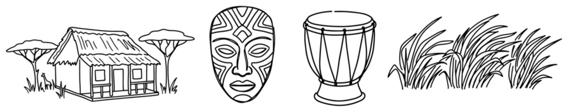 African cultural elements with traditional hut tribal mask and drum in hand drawn doodle style