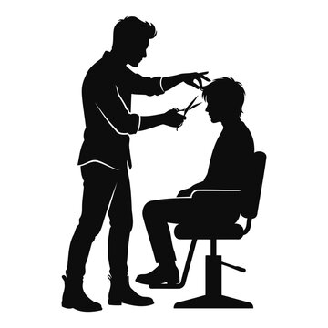 Silhouette of male barber cutting hair of man sitting in chair at salon or barbershop