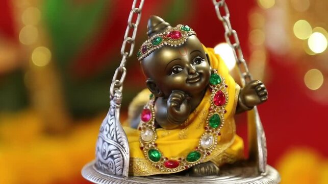 Masik Krishna Janmashtami Celebration Featuring a Small Brass Ladoo Gopal Idol in a Detailed Silver Swing Adorned with Yellow Silk and Jewels