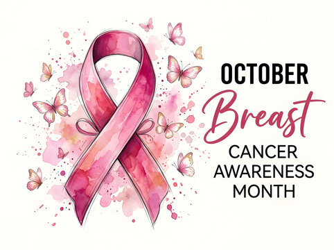 Breast cancer awareness pink ribbon. Watercolor illustration for October health campaign.