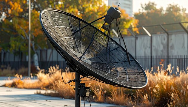 Black mesh satellite dish antenna outdoors against blurred autumn foliage, symbolizing global communication, internet connectivity, and broadcast technology.