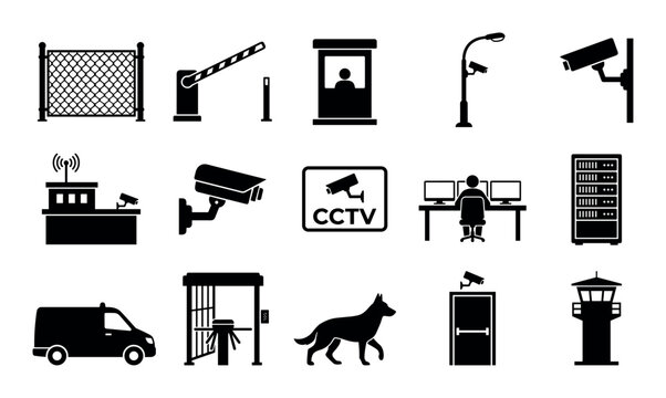 Security and surveillance design icons with barrier gate, guard booth, and CCTV camera for web monitoring in solid glyph style