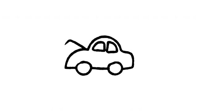 4K hand drawn car hood bonnet open icon featuring boiling line movement. Frame by frame doodle art on black and green screen backgrounds for motor compartment alert, engine check, and warning.