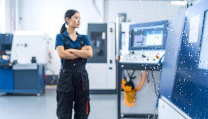 Fototapeta premium CNC Operator Monitoring Blank Display with Heavy Milling Machine in Modern Factory