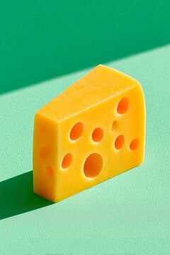 A single yellow Swiss cheese wedge minimal dairy setup on a mint green background. Piece of cheese with holes and hard shadow with blank area for text