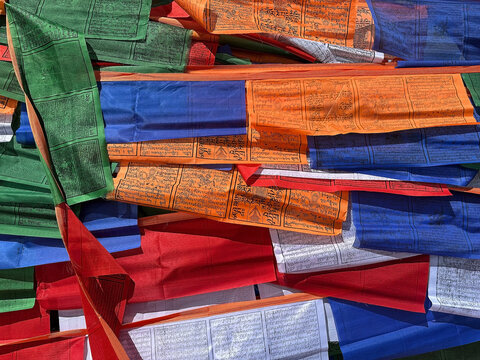 Prayer flags at Mount Everest National Reserve entry point, Tibet, China