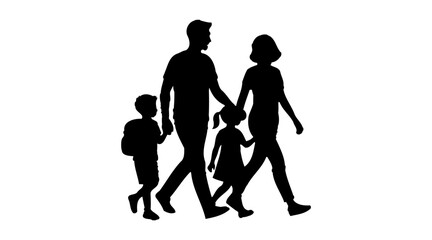 Obraz premium Family of four walking together holding hands silhouette style isolated on transparent background, Vector
