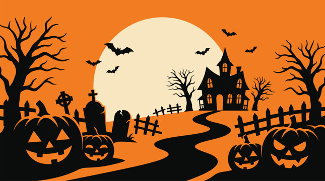 Spooky halloween background vector illustration featuring a haunted house with silhouetted trees and carved jack o lantern pumpkins under a full moon
