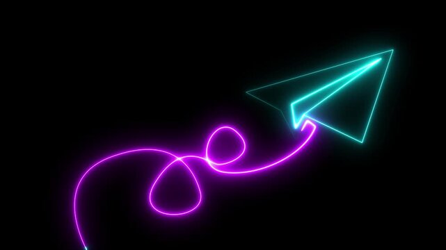 Glowing Neon Paper Airplane Flight Path Icon on Black Background 4K Animation. Neon Blue Airplane liner icon. Neon glowing travel dream concept .