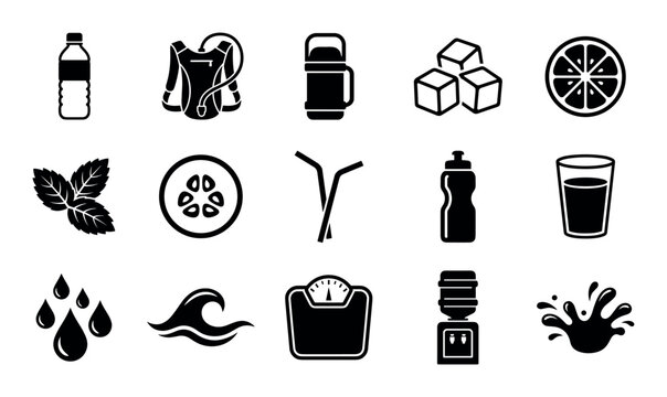 Hydration and wellness vector icons with water bottle, hydration pack and citrus slice for mobile app design in solid glyph style