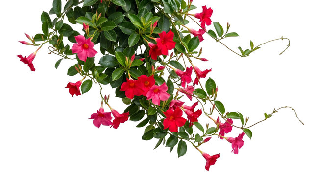 Blooming red and pink mandevilla flowers with green leaves cascading on white background