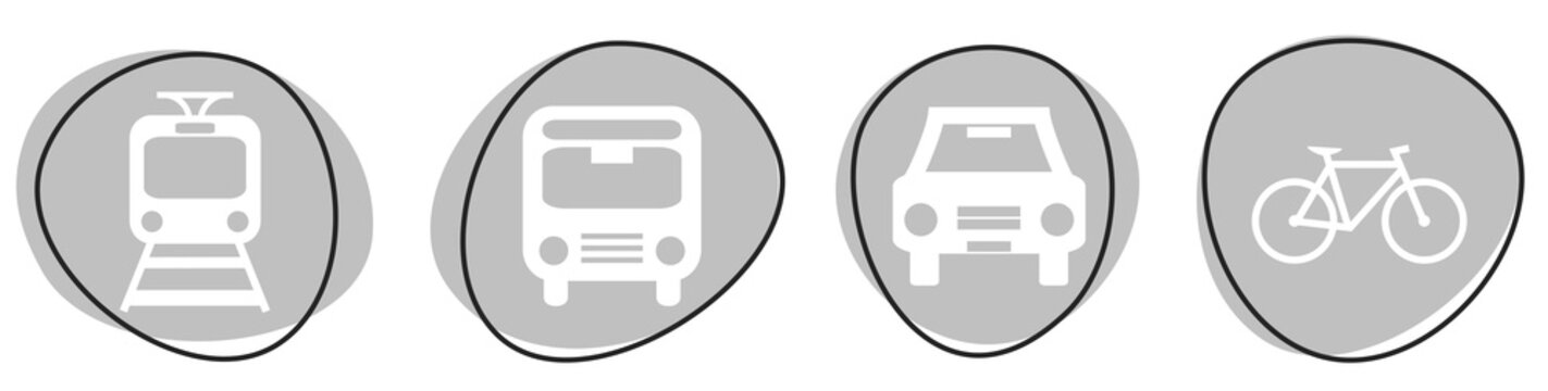 Button Banner Set mit 4 grauen Buttons: Verkehrsmittel Zug, Bus, Auto und Fahrrad