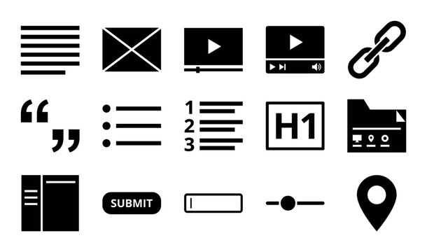 Document and media vector icons with text, play button and location pin for web design in solid glyph style
