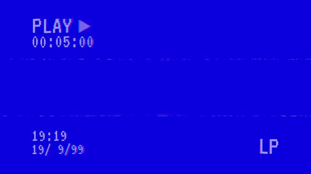 Retro vhs blue screen background with glitch distortion effects and playback overlay, 4k vhs play video