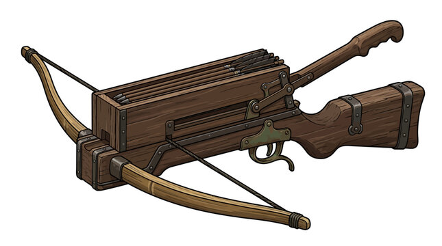 Medieval heavy repeating siege crossbow with wooden magazine
