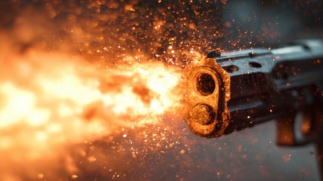 Double barrel shotgun firing with dramatic muzzle blast and glowing sparks, CGI