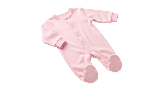 Soft pink cotton baby footed sleeper pajamas with button closure isolated on transparent background png file.