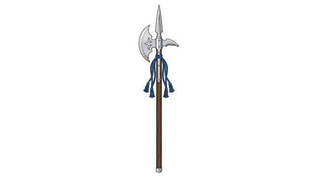 Medieval halberd polearm spear with blue tassels
