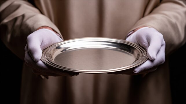 A person in gloves, presenting a shiny silver plate against a dark background, creating elegance