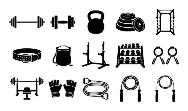 Fitness and gym design icons with barbell, kettlebell and jump rope for mobile app design in solid glyph style